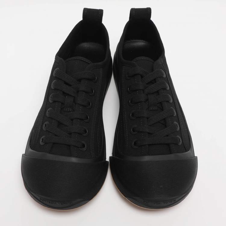 Pre Owned Bottega Veneta Black Canvas and Leather Vulcan Low Top Sneakers Size 38.5