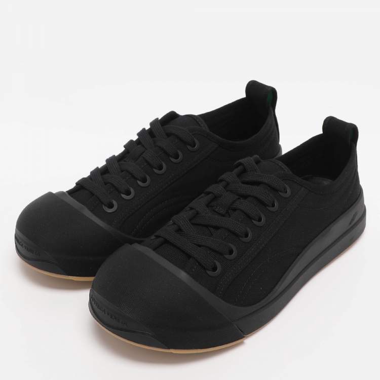 Pre Owned Bottega Veneta Black Canvas and Leather Vulcan Low Top Sneakers Size 38.5
