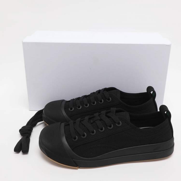 Pre Owned Bottega Veneta Black Canvas and Leather Vulcan Low Top Sneakers Size 38.5