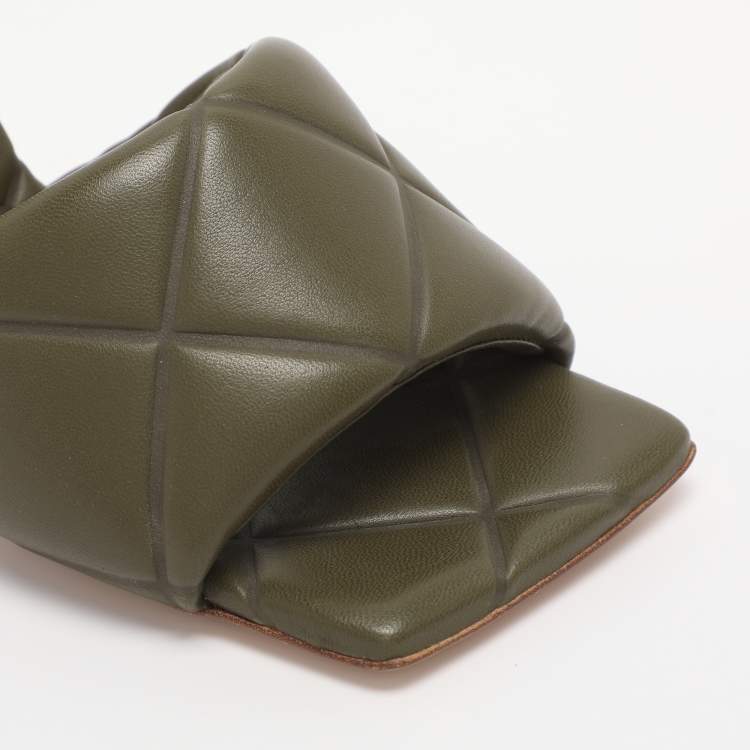 Pre Owned Bottega Veneta Olive Green Leather Lido Slide Sandals Size 38.5