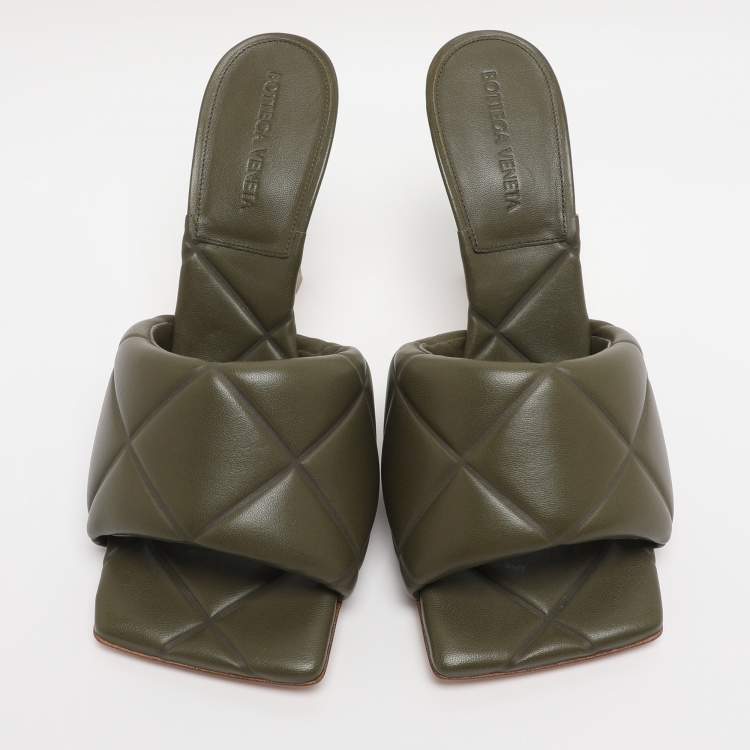 Pre Owned Bottega Veneta Olive Green Leather Lido Slide Sandals Size 38.5
