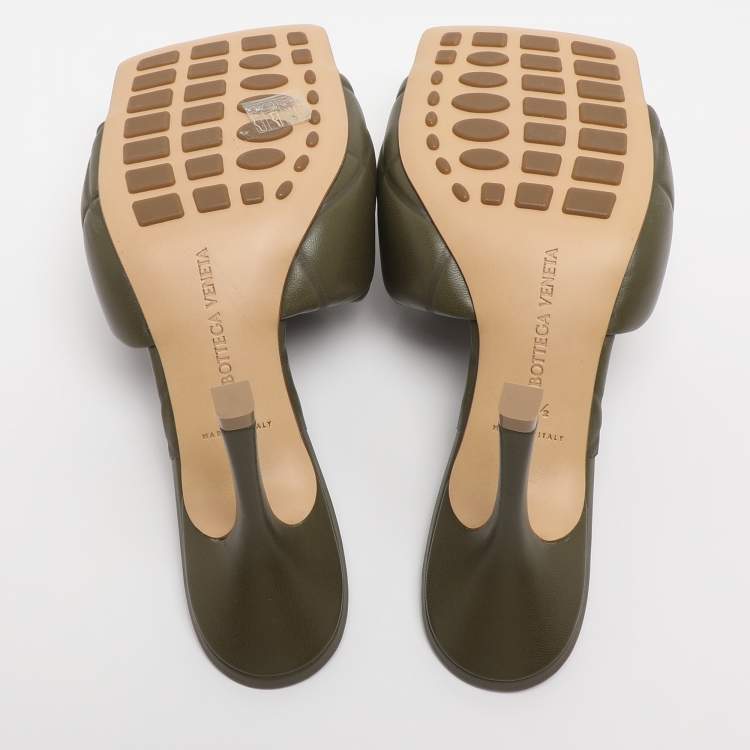 Pre Owned Bottega Veneta Olive Green Leather Lido Slide Sandals Size 38.5