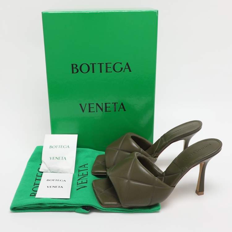 Pre Owned Bottega Veneta Olive Green Leather Lido Slide Sandals Size 38.5