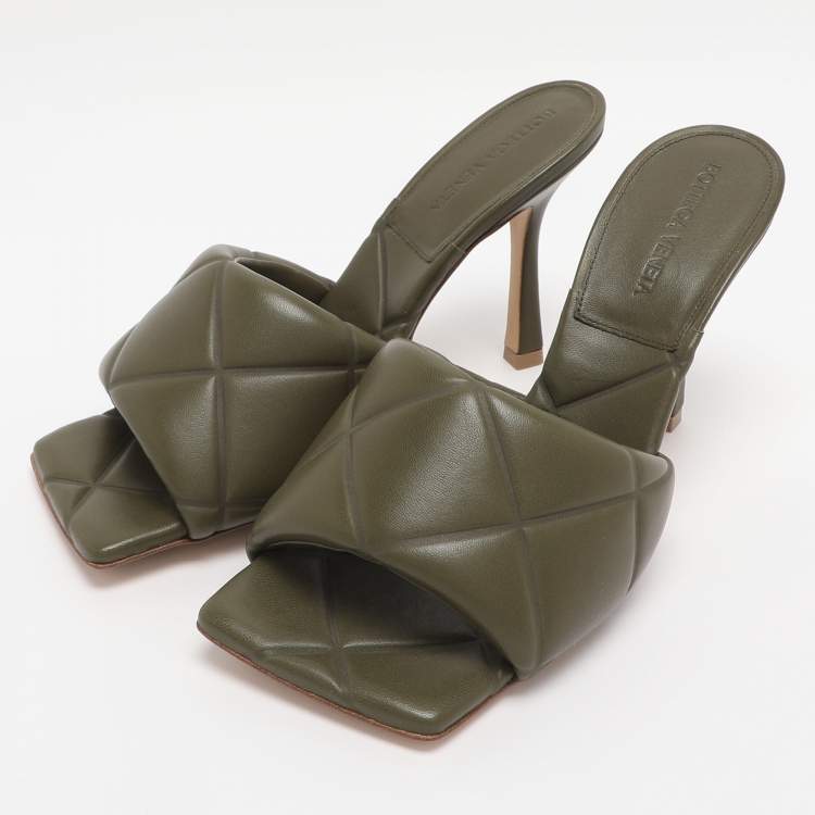 Pre Owned Bottega Veneta Olive Green Leather Lido Slide Sandals Size 38.5