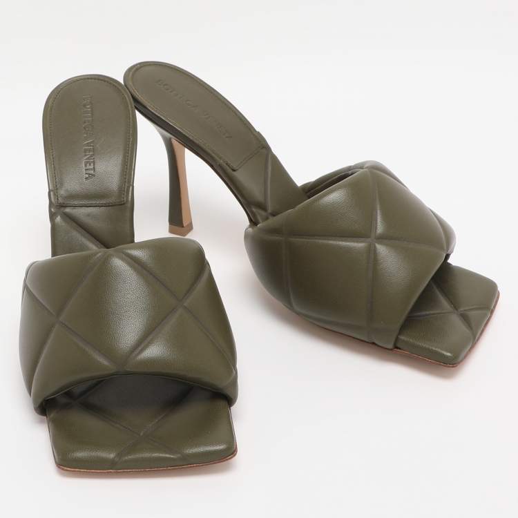 Pre Owned Bottega Veneta Olive Green Leather Lido Slide Sandals Size 38.5