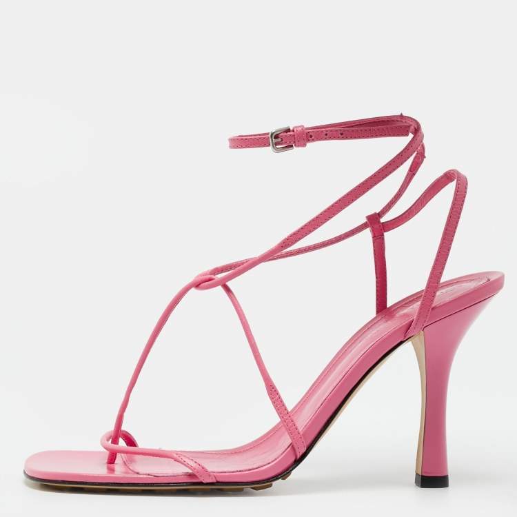 Pre Owned Bottega Veneta Pink Leather Square Toe Ankle Strap Sandals Size 39.5