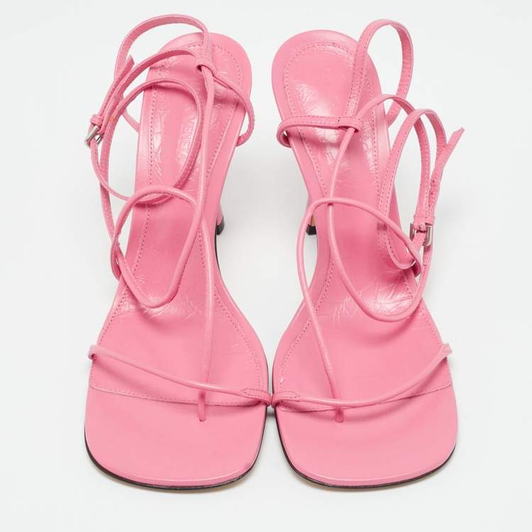 Pre Owned Bottega Veneta Pink Leather Square Toe Ankle Strap Sandals Size 39.5
