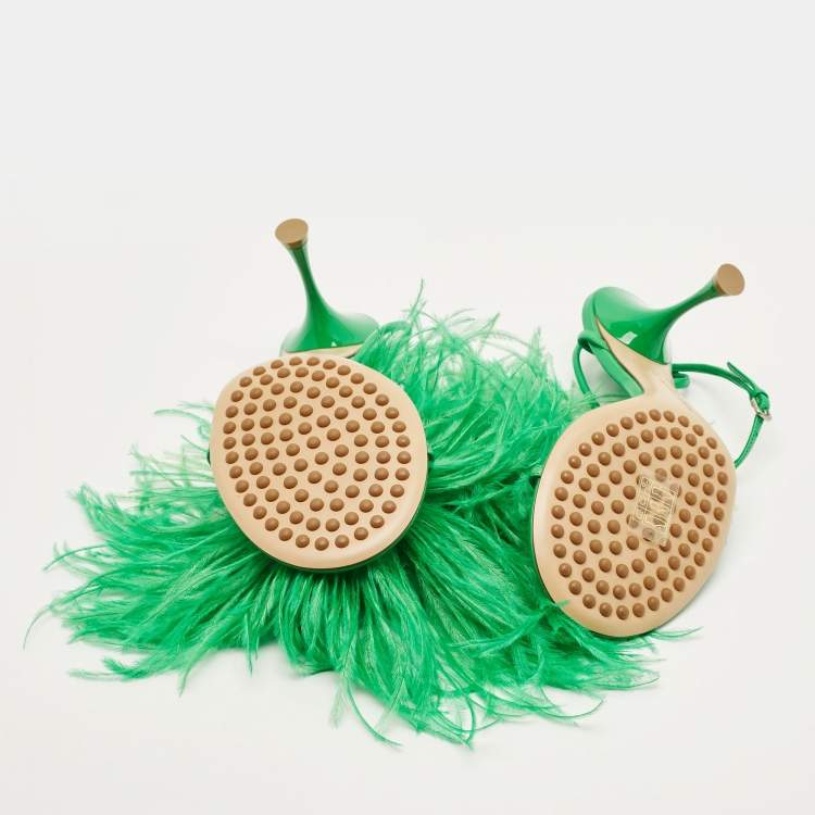 Pre Owned Bottega Veneta Dot Size 39 Green Fur and Leather Ankle Strap Sandals