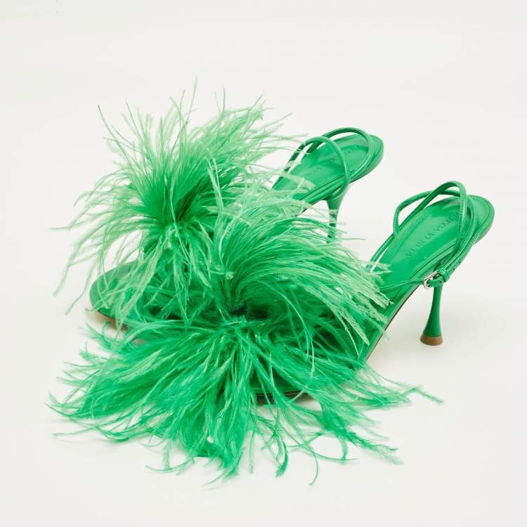 Pre Owned Bottega Veneta Dot Size 39 Green Fur and Leather Ankle Strap Sandals