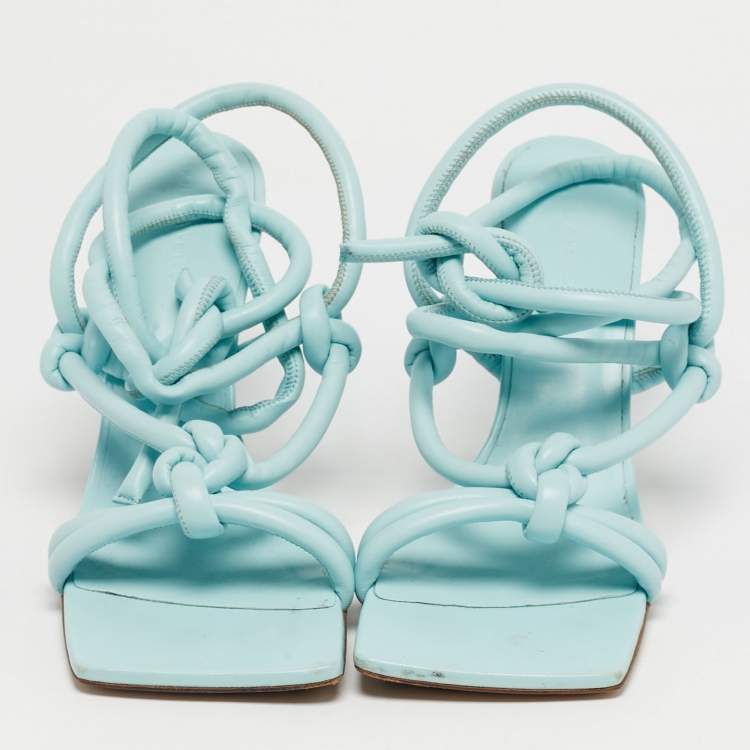 Pre Owned Bottega Veneta Size 40 Blue Leather Knotted Ankle Strap Sandals