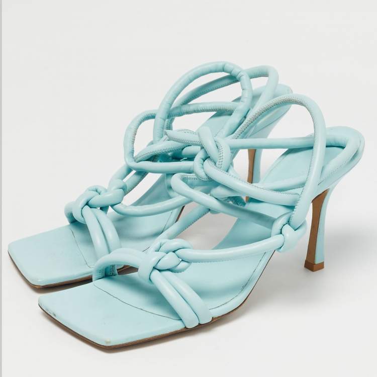 Pre Owned Bottega Veneta Size 40 Blue Leather Knotted Ankle Strap Sandals