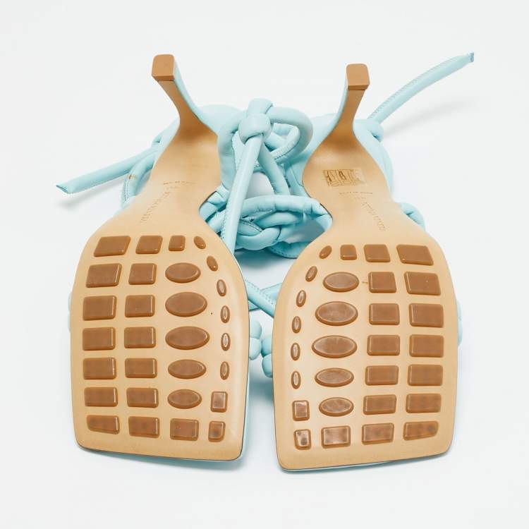 Pre Owned Bottega Veneta Size 40 Blue Leather Knotted Ankle Strap Sandals