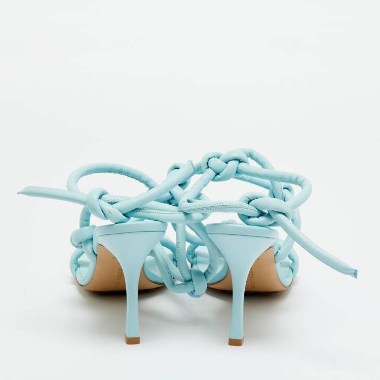Pre Owned Bottega Veneta Size 40 Blue Leather Knotted Ankle Strap Sandals
