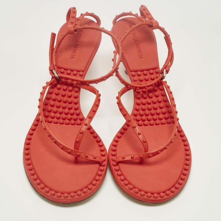 Pre Owned Bottega Veneta Dot Size 40 Red Leather Ankle Strap Sandals