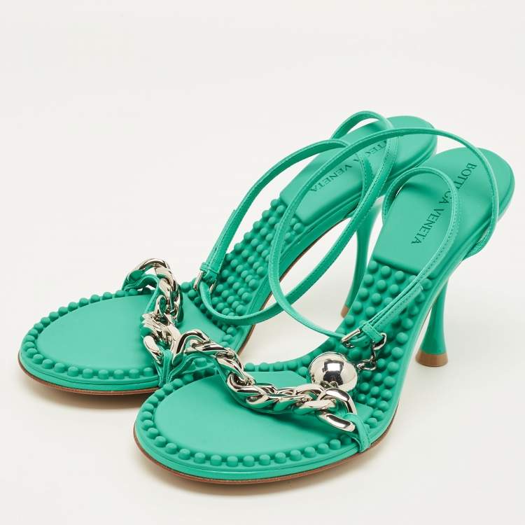 Pre Owned Bottega Veneta Dot Size 38 Green Leather Ankle Strap Sandals