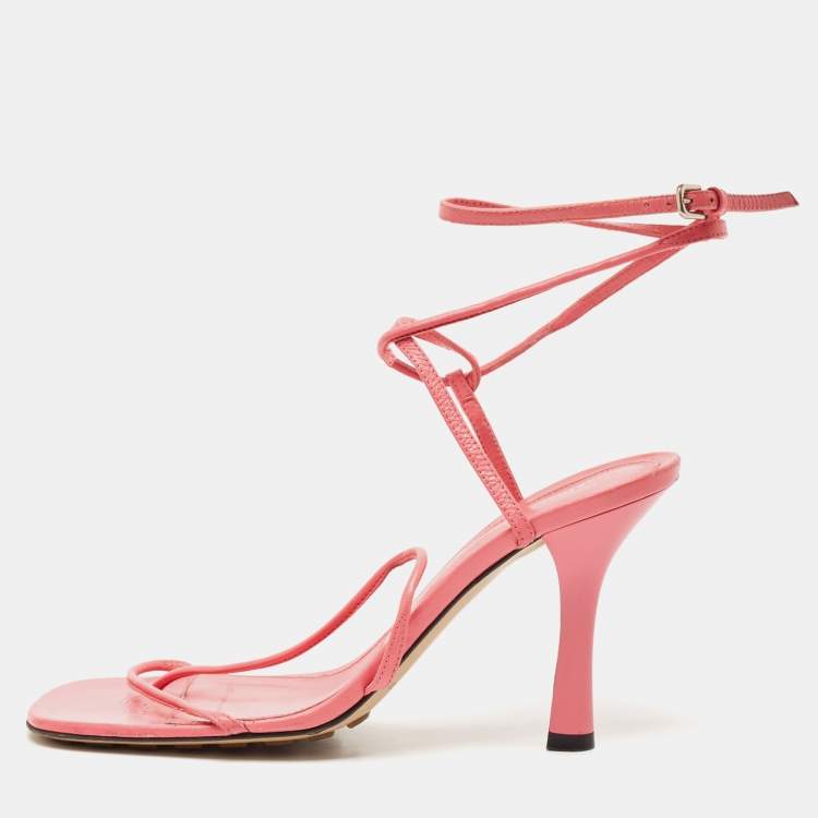 Pre Owned Bottega Veneta Size 40 Pink Leather Square Toe Ankle Strap Sandals