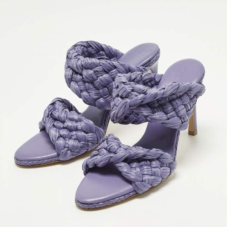Pre Owned Bottega Veneta Stretch Size 38.5 Purple Raffia Slide Sandals