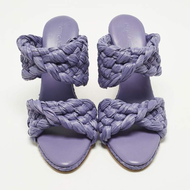 Pre Owned Bottega Veneta Stretch Size 38.5 Purple Raffia Slide Sandals