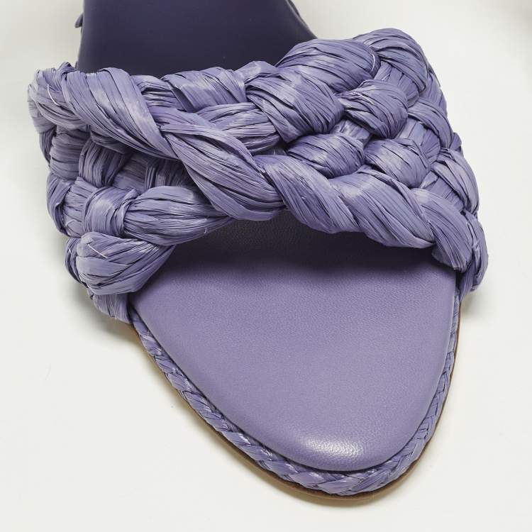 Pre Owned Bottega Veneta Stretch Size 38.5 Purple Raffia Slide Sandals
