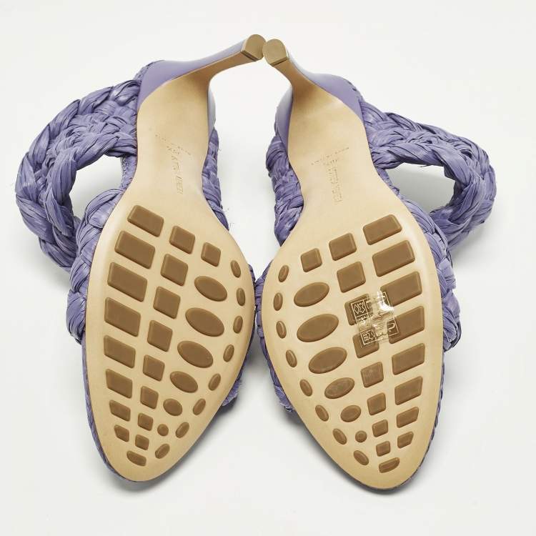 Pre Owned Bottega Veneta Stretch Size 38.5 Purple Raffia Slide Sandals