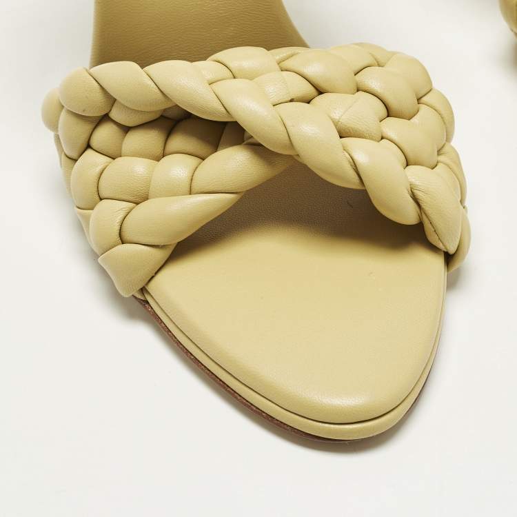 Pre Owned Bottega Veneta Curve Size 37 Olive Green Woven Leather Slide Sandals