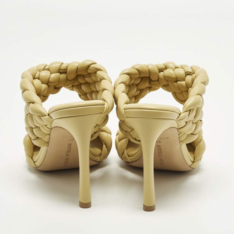 Pre Owned Bottega Veneta Curve Size 37 Olive Green Woven Leather Slide Sandals