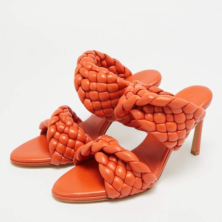 مملوكة مسبقًا Bottega Veneta Curve Size 37.5 Orange Intrecciato Leather Slide Sandals
