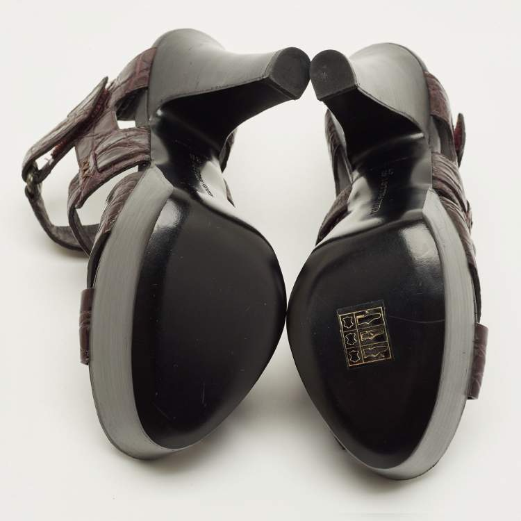 Pre Owned Bottega Veneta Size 38 Brown Croc Embossed Leather Ankle Strap Sandals