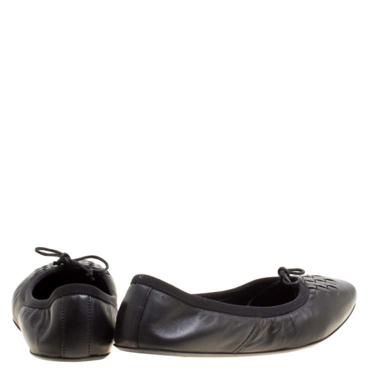 Pre Owned Bottega Veneta Black Intrecciato Detail Leather Bow Ballet Flats Size 36