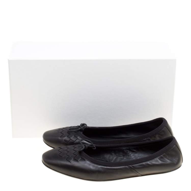 Pre Owned Bottega Veneta Black Intrecciato Detail Leather Bow Ballet Flats Size 36