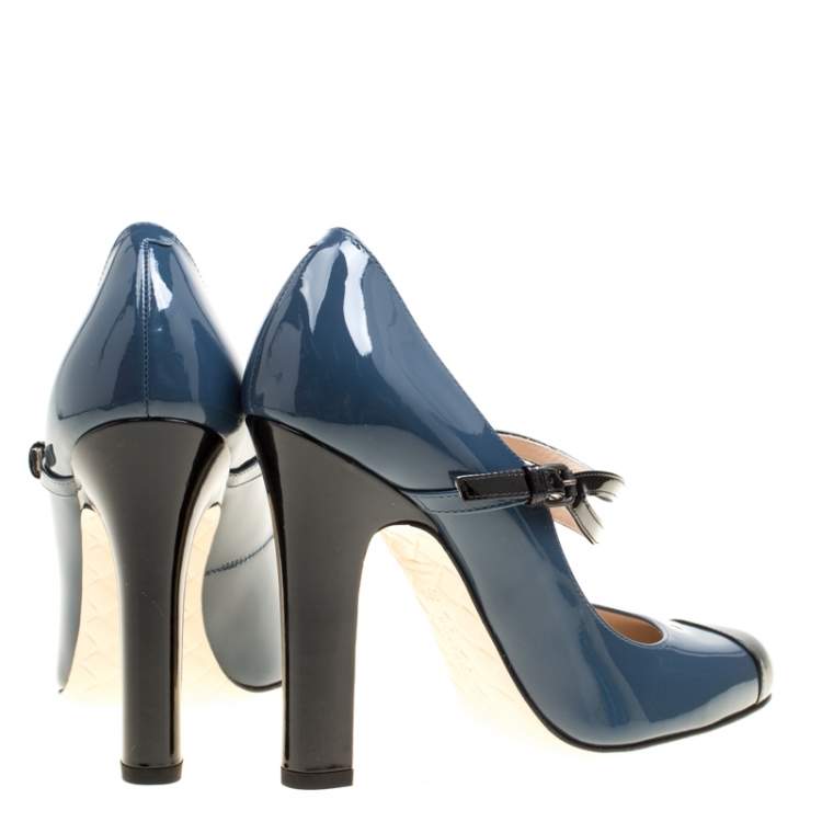 Pre Owned Bottega Veneta Slate Grey Patent Leather Bette Cap Toe Mary Jane Pumps Size 36.5