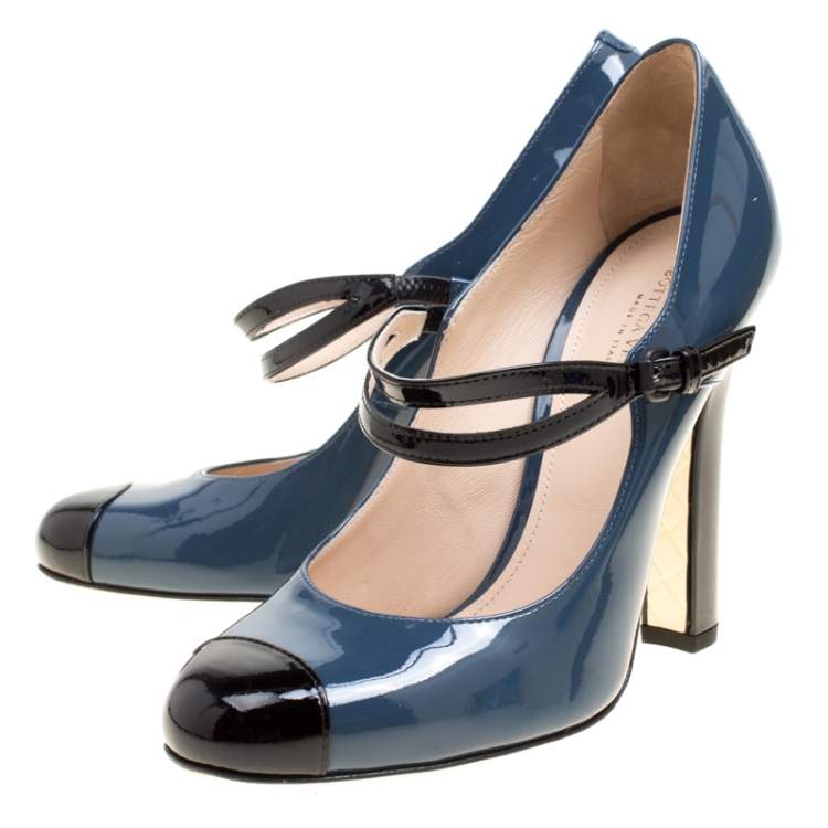 Pre Owned Bottega Veneta Slate Grey Patent Leather Bette Cap Toe Mary Jane Pumps Size 36.5