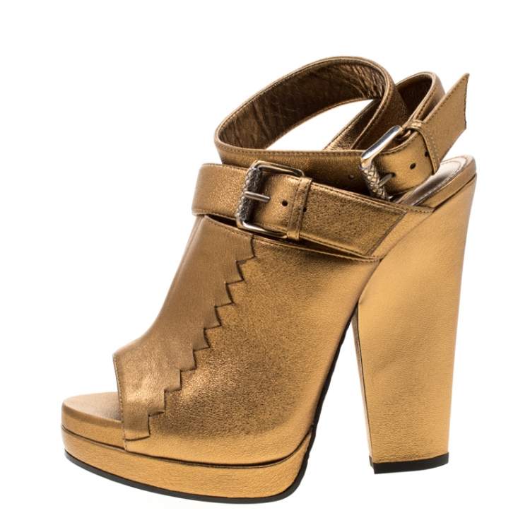 Pre Owned Bottega Veneta Metallic Gold Intrecciato Detail Leather Buckle Peep Toe Platform Sandals 38