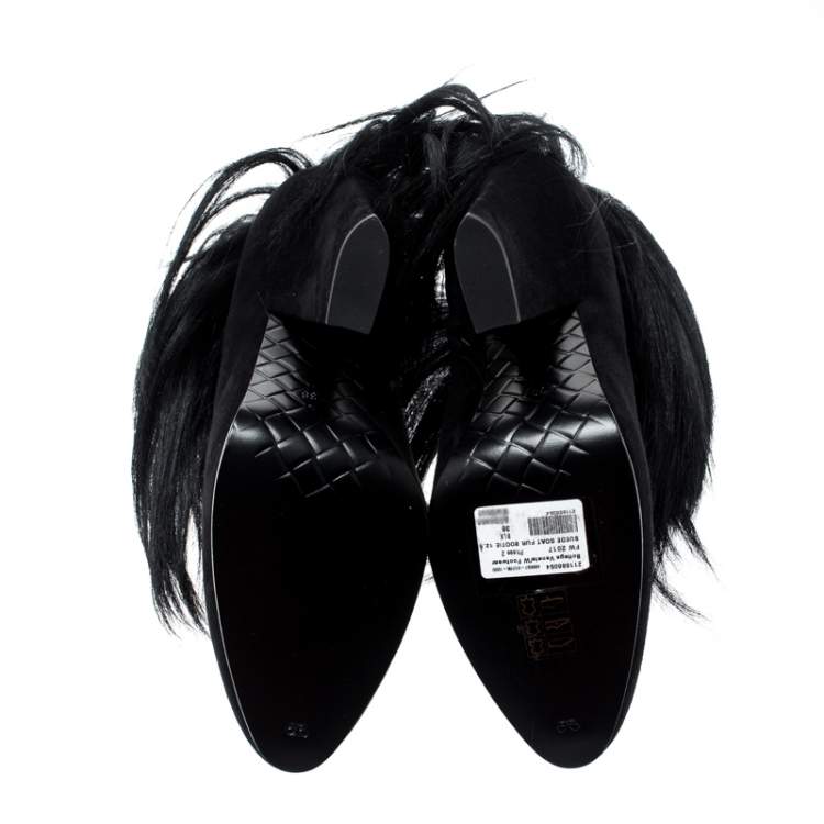 Pre Owned Bottega Veneta Black Suede and Fur Criss Cross Ankle Boots Size 38