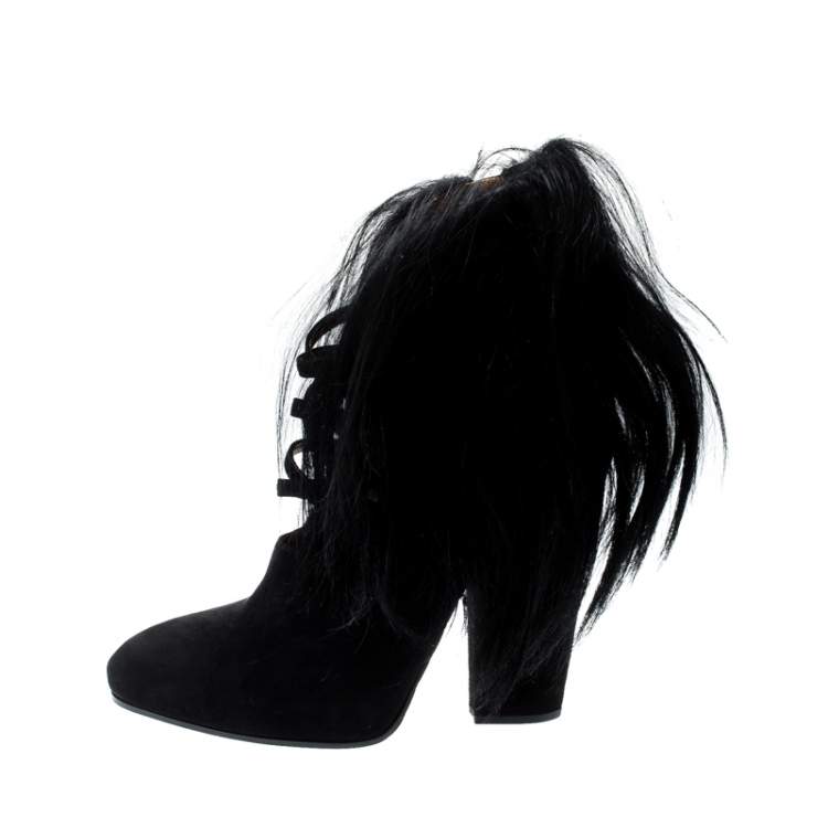 Pre Owned Bottega Veneta Black Suede and Fur Criss Cross Ankle Boots Size 38