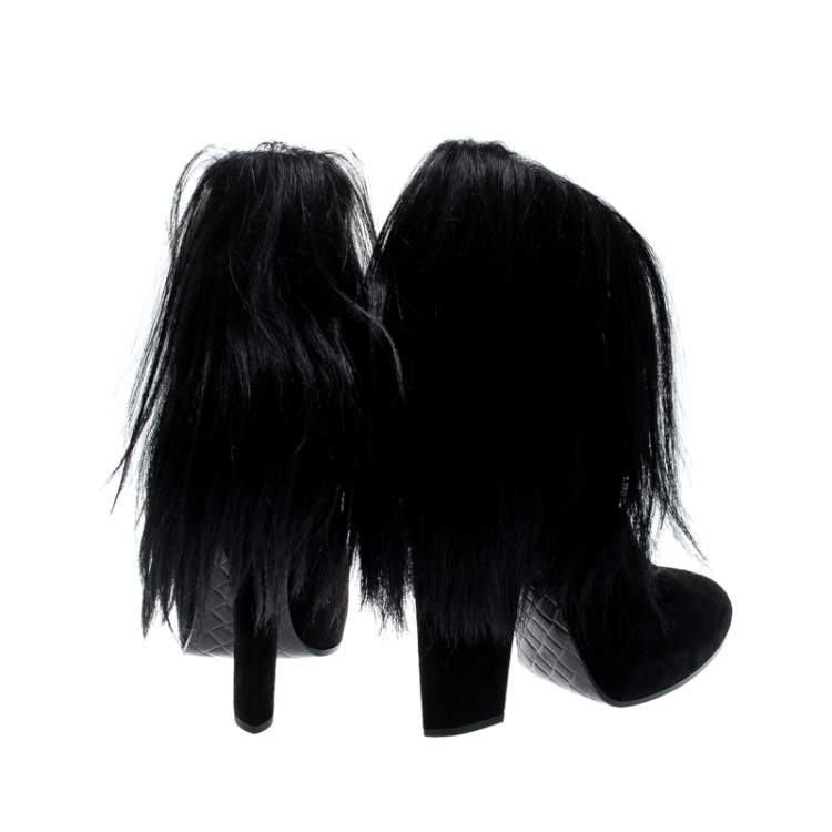 Pre Owned Bottega Veneta Black Suede and Fur Criss Cross Ankle Boots Size 38