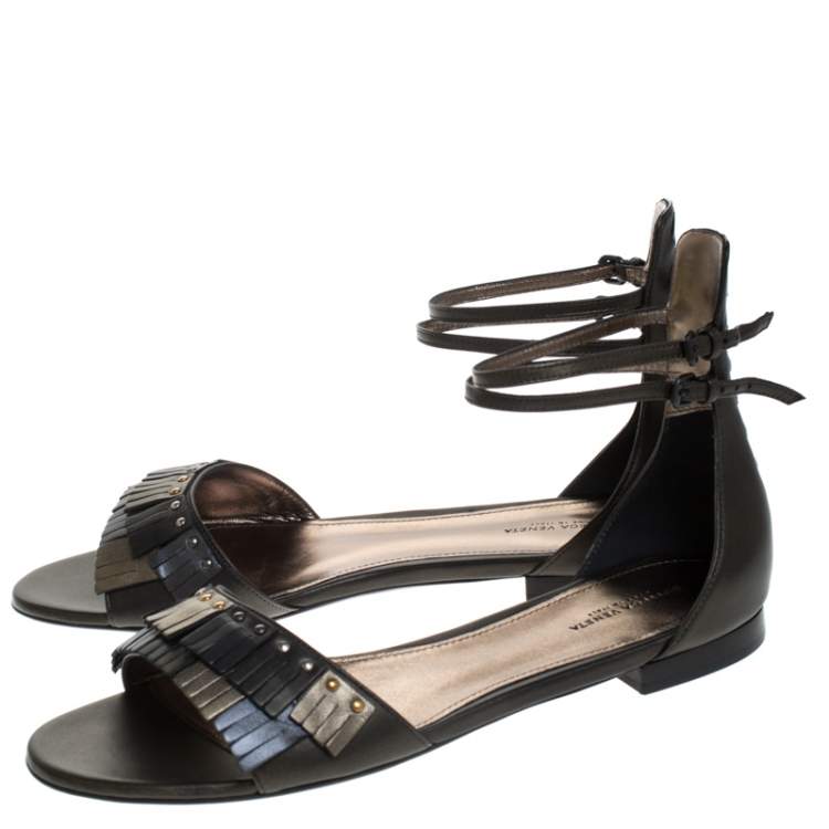 Pre Owned Bottega Veneta Multicolor Intrecciato And Fringe Detail Leather Ankle Strap Flats Size 40