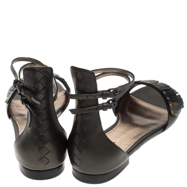 Pre Owned Bottega Veneta Multicolor Intrecciato And Fringe Detail Leather Ankle Strap Flats Size 40
