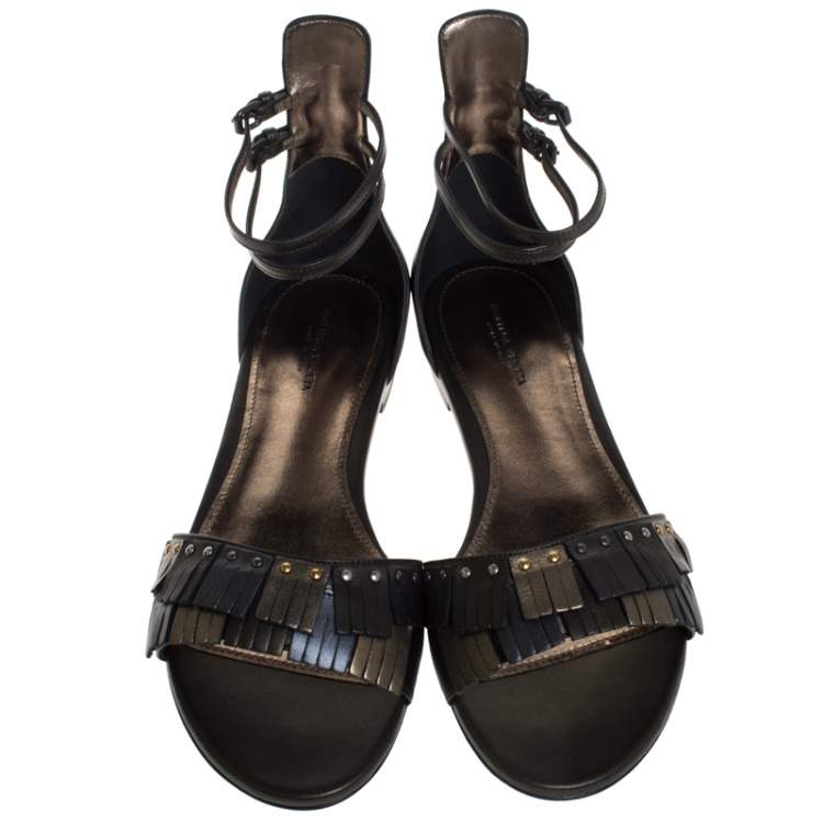 Pre Owned Bottega Veneta Multicolor Intrecciato And Fringe Detail Leather Ankle Strap Flats Size 40