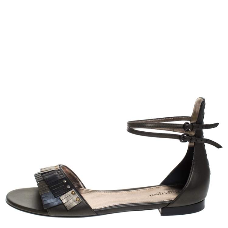 Pre Owned Bottega Veneta Multicolor Intrecciato And Fringe Detail Leather Ankle Strap Flats Size 40