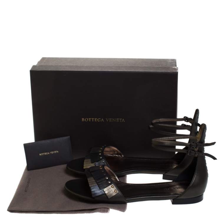 Pre Owned Bottega Veneta Multicolor Intrecciato And Fringe Detail Leather Ankle Strap Flats Size 40