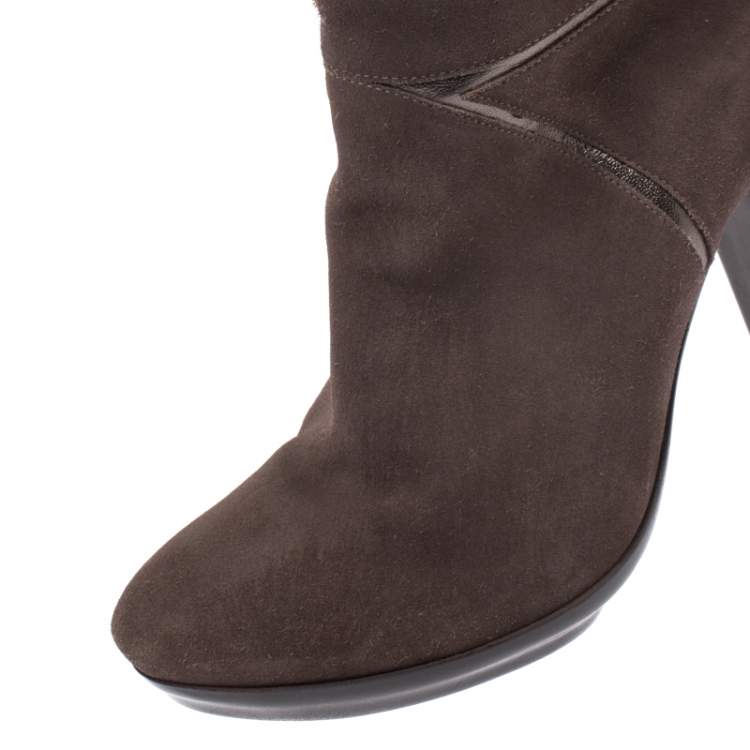 Pre Owned Bottega Veneta Grey Suede Mid Calf Boots Size 38.5