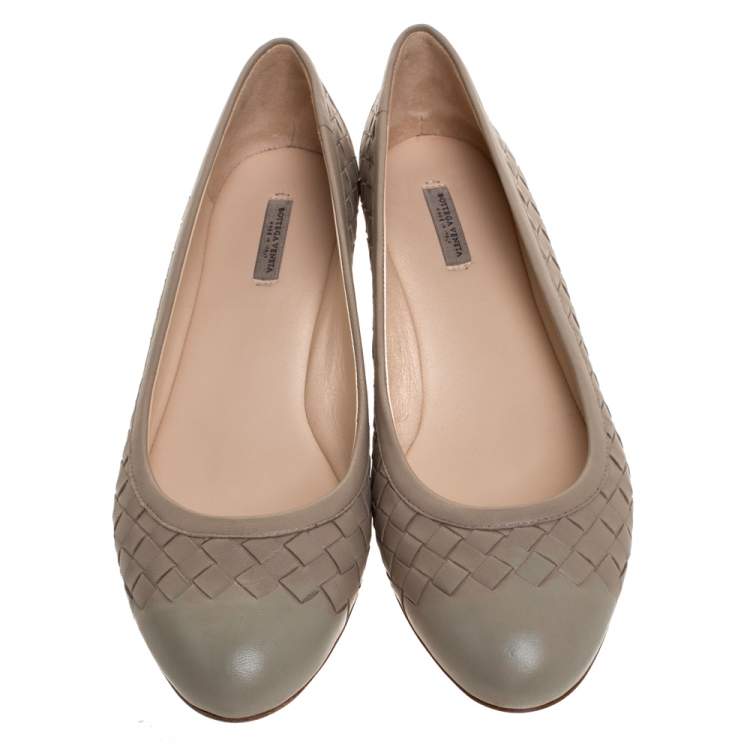 Pre Owned Bottega Veneta Beige Intrecciato Leather Ballet Flats Size 38.5
