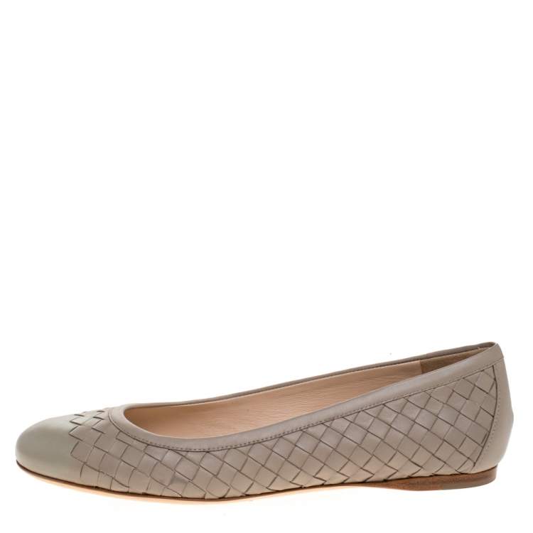 Pre Owned Bottega Veneta Beige Intrecciato Leather Ballet Flats Size 38.5