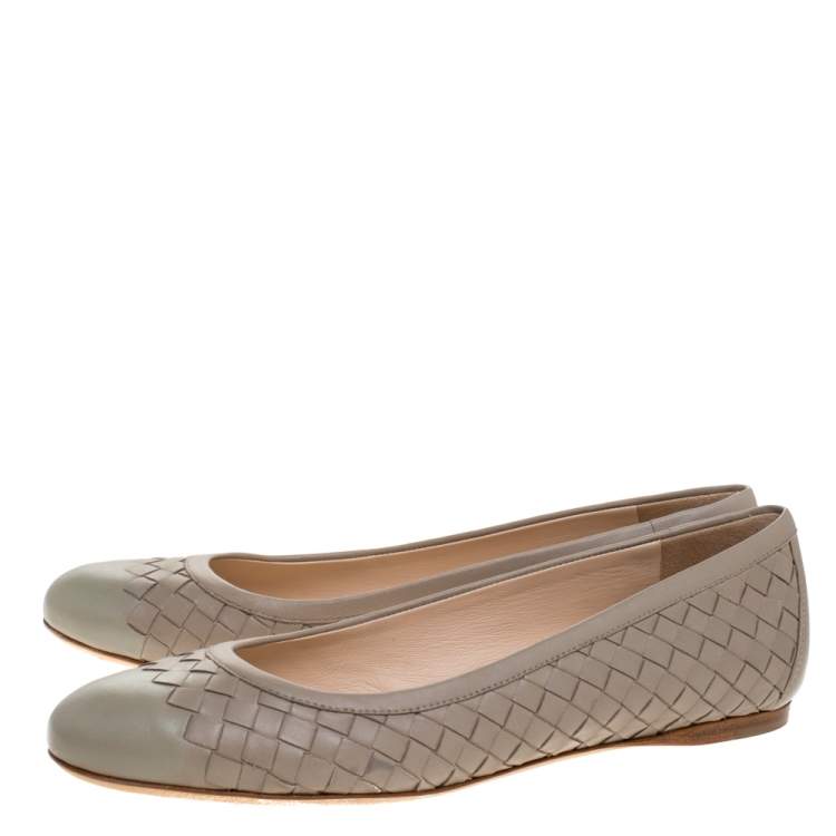 Pre Owned Bottega Veneta Beige Intrecciato Leather Ballet Flats Size 38.5