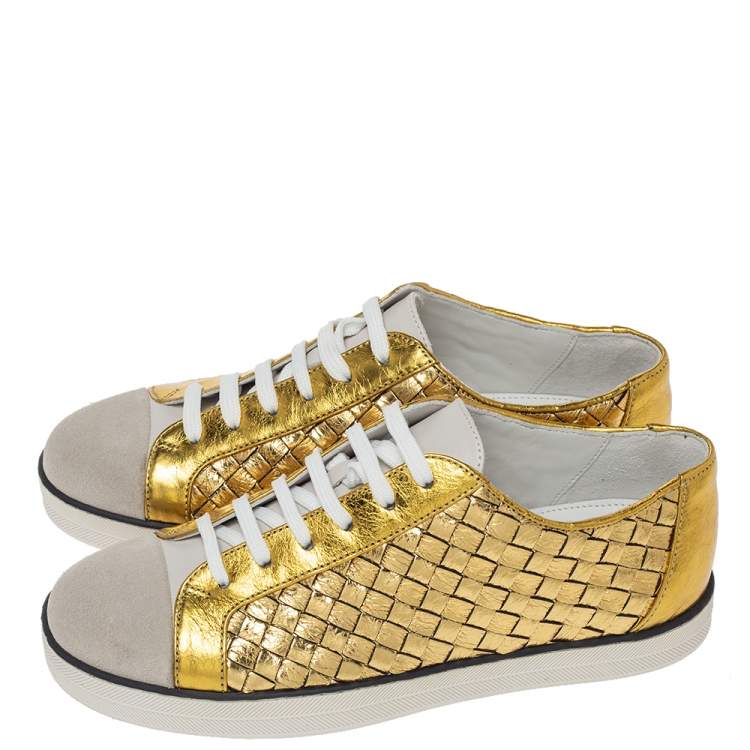 Pre Owned Bottega Veneta Metallic Gold Intrecciato Leather And Suede Cap Toe Low Top Sneakers Size 36