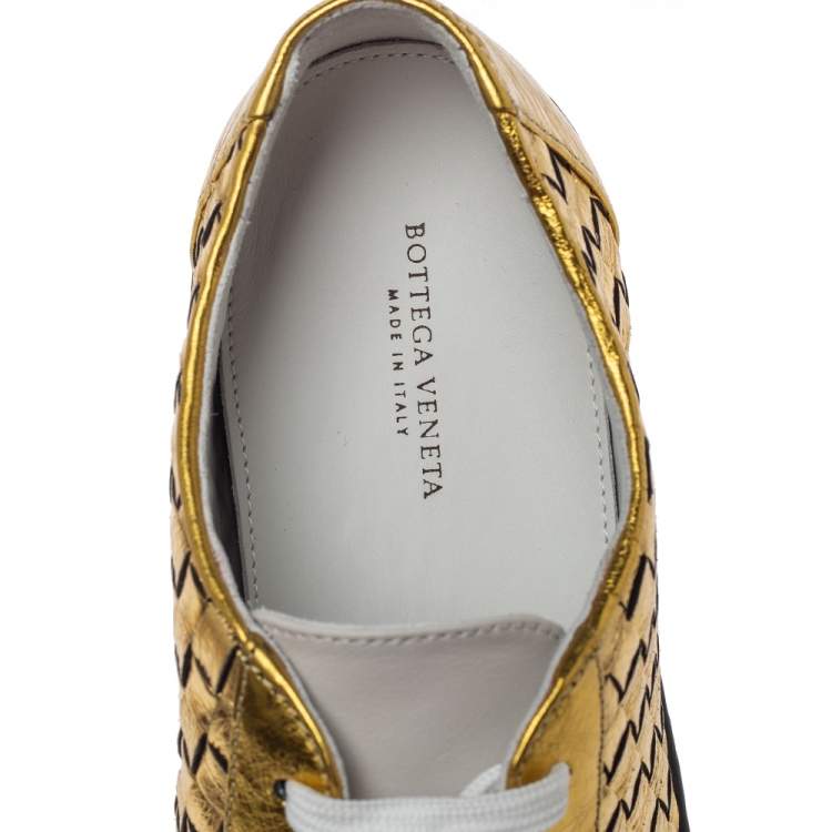 Pre Owned Bottega Veneta Metallic Gold Intrecciato Leather And Suede Cap Toe Low Top Sneakers Size 36