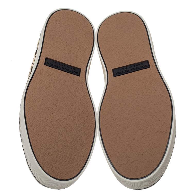 Pre Owned Bottega Veneta Metallic Gold Intrecciato Leather And Suede Cap Toe Low Top Sneakers Size 36