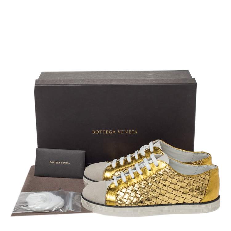 Pre Owned Bottega Veneta Metallic Gold Intrecciato Leather And Suede Cap Toe Low Top Sneakers Size 36