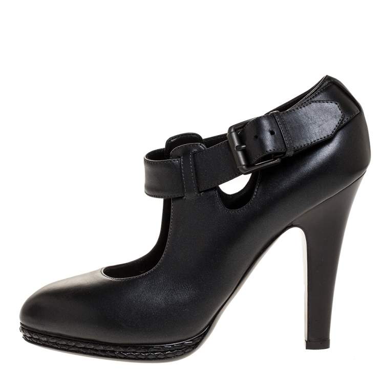 Pre Owned Bottega Veneta Black Leather Braided Platform Ankle Strap Pumps Size 38